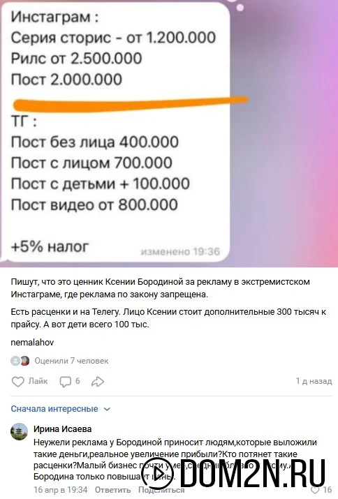 Цены на посты в социальных сетях Ксении Бородиной